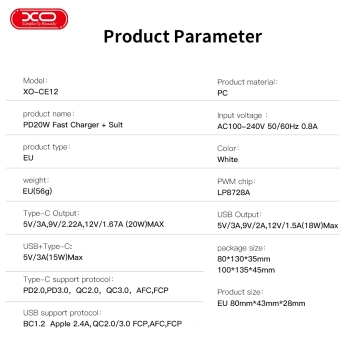 XO ładowarka sieciowa CE12 PD QC 3.0 20W 1x USB 1x USB-C biała + kabel USB-C - USB-C